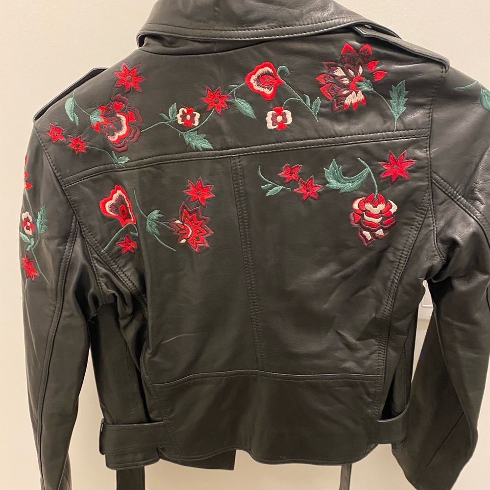 Parker leather jacket with flower embroidery